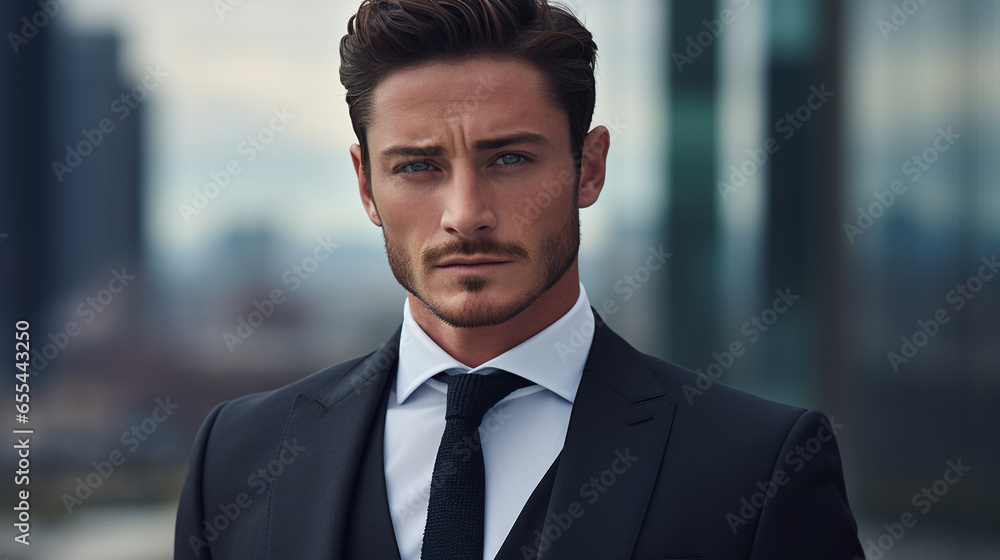 A dashing man in a tailored suit, standing by a city skyline, his confident expression meeting the camera's gaze. 