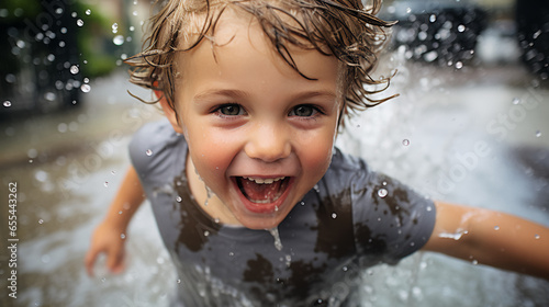 a baby boy s delighted expression as he splashes in a puddle  water droplets caught mid-air  a snapshot of carefree joy in a moment of pure playfulness. 