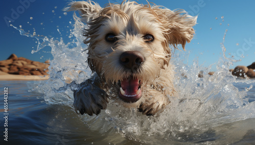 Cute puppy playing in water, splashing, joyful and refreshing summer generated by AI
