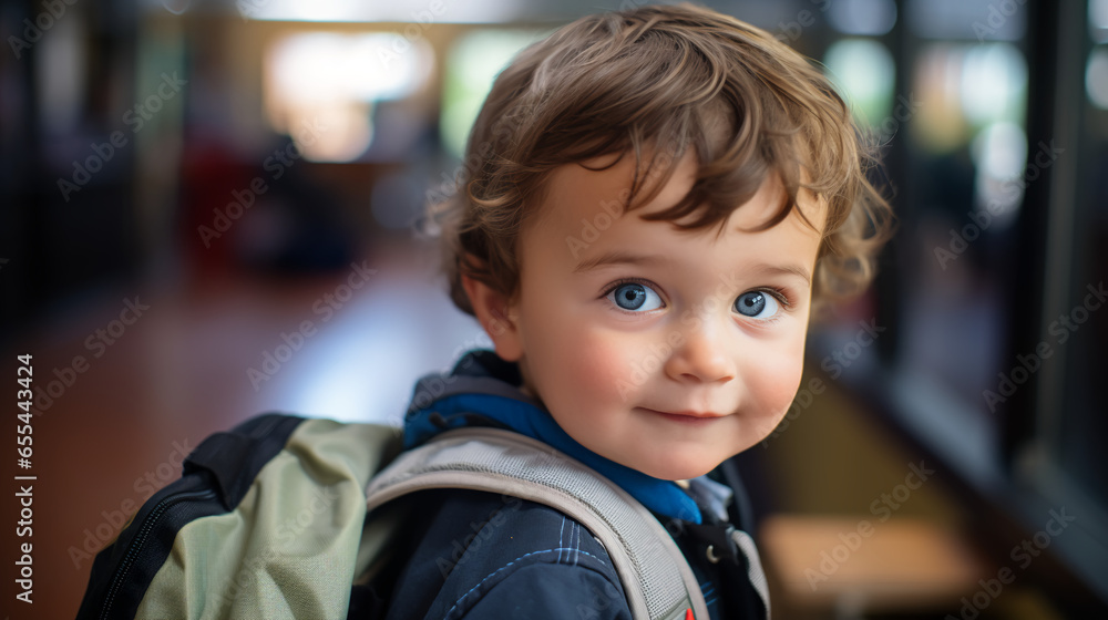 a baby boy with a small backpack almost as big as he is, ready for his first day of daycare, with a mixture of excitement and a hint of hesitation in his eyes. a baby boy with a small backpack almost as big as he is, ready for his first day of daycare, with a mixture of excitement and a hint of hesitation in his eyes.