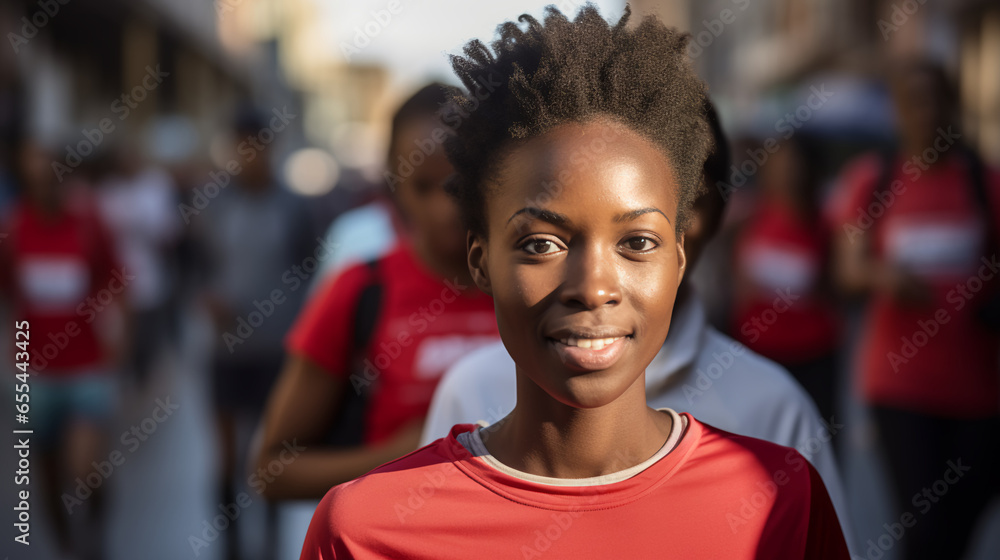 a woman participates in a city's charity run, her determined expression and the charity T-shirt capturing the way urban residents come together for philanthropic causes a woman participates in a city's charity run, her determined expression and the charity T-shirt capturing the way urban residents come together for philanthropic causes