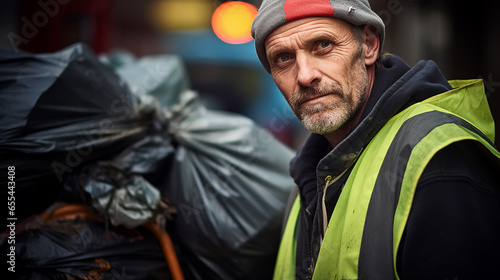 a man participates in a city's volunteer cleanup event, his dedicated expression and the garbage bag he holds embodying the collective responsibility of urban residents to care 