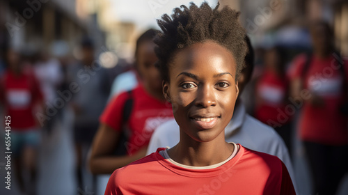 a woman participates in a city's charity run, her determined expression and the charity T-shirt capturing the way urban residents come together for philanthropic causes
