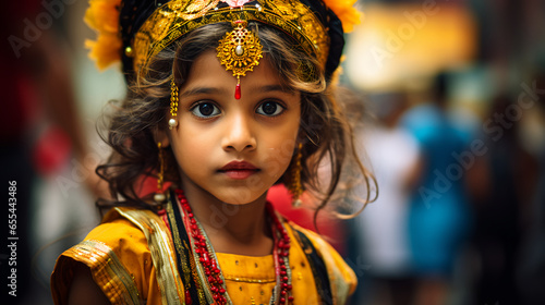 a child participates in a city's cultural dance performance, their graceful expression and the vibrant costumes capturing the way urban