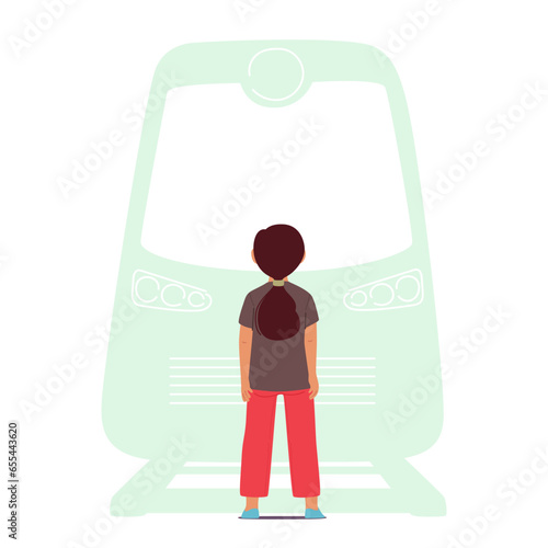 Girl Stand On Railroad. Child Ignoring Danger, Symptom Of Autism. Difficulty Perceiving Risks Vector Illustration