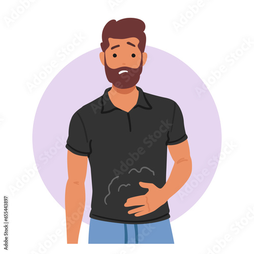 Male Character Displays Discomfort Due To Indigestion, Showing Symptom Of Gastritis, Such As Abdominal Pain