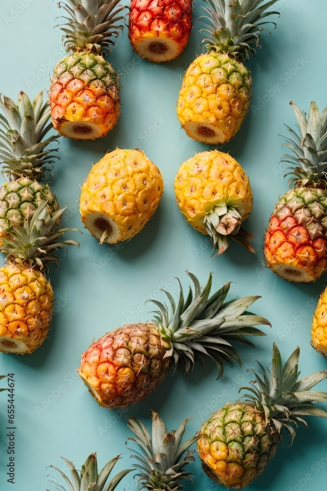 A vibrant group of pineapples on a vibrant blue background A vibrant group of pineapples on a vibrant blue background