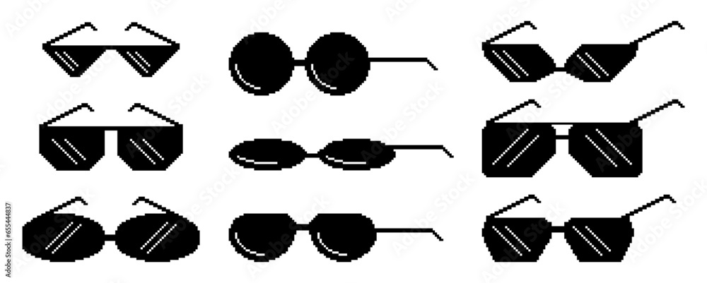 Pixel Sunglasses Icons Set, Stylish And Minimalist Representations Of Eyewear , Characterized By Different Shapes - obrazy, fototapety, plakaty 
