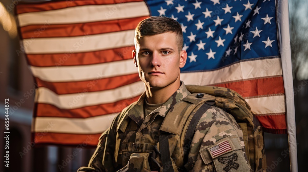 US Army soldier with the national flag of America. Greeting card for Military Veterans Day, Memorial Day, Independence Day. America's holiday. US Army soldier with the national flag of America. Greeting card for Military Veterans Day, Memorial Day, Independence Day. America's holiday.
