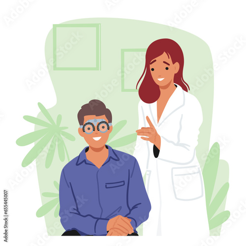 Ophthalmologist Doctor Check Up Patient Eyesight for Eyeglasses Diopter. Oculist Male Character Checkup Eye Sight