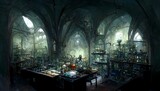 Lamordia laboratory interior gothic architecture dark experiments amoral science bizarre constructs mutagenic radiation illustration fantasy art dnd art dungeons and dragons dd style extremely 