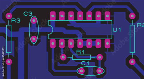Vector printed circuit board of an electronic 
device with
conductors, contact pads and seats placed on it. 
Engineering drawing.
Electric background. Pcb pattern. 