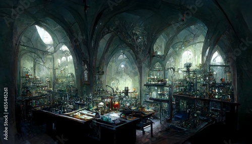 Lamordia laboratory interior gothic architecture dark experiments amoral science bizarre constructs mutagenic radiation illustration fantasy art dnd art dungeons and dragons dd style extremely 