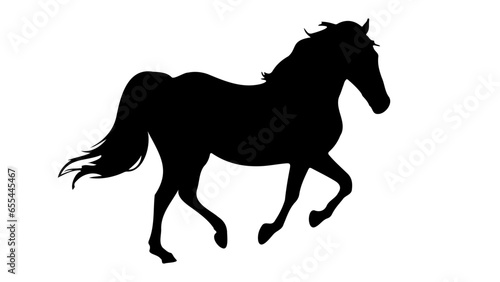 Horse black silhouette. Running or walking horse or mustang. Vector isolated on white. Hooves. Icon, badge, emblem. Design for print, hippodrome, horse racing, farm, stud farm, zoo, equestrian club