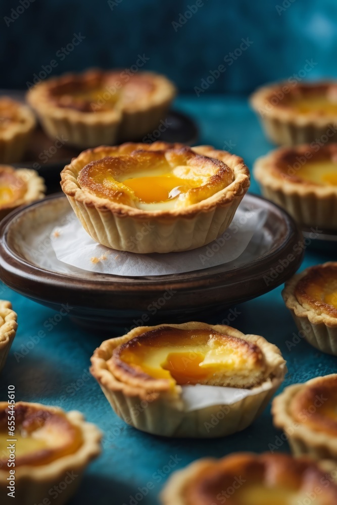 A delectable spread of mini cheese pies displayed on a rustic table A delectable spread of mini cheese pies displayed on a rustic table