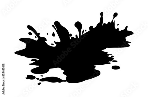 Black silhouette of puddle of water or mud with splashes and drops. Vector isolated on white. Paint, ink, dirt or blood splashes. Stain of splashes, drops of liquid. Dirt blot or blob. Design element