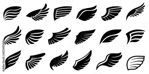 Wings Black Silhouettes Icons Set Isolated On White Background. Birds Or Angel Emblem Design Elements Tattoo Or Insignia