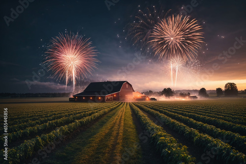 Fireworks at the Farm. New Year celebration agriculture concept, Farm night fireworks celebration new year