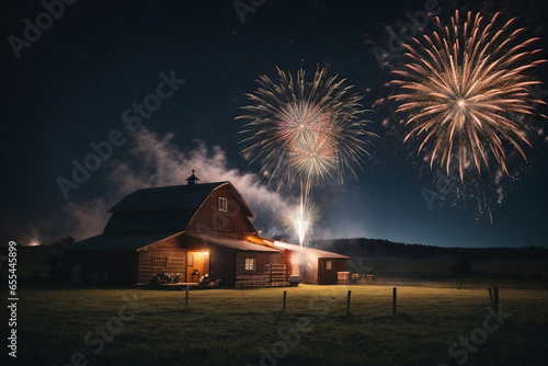 Fireworks at the Farm. New Year celebration agriculture concept, Farm night fireworks celebration new year