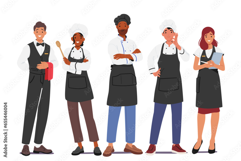 Restaurant Workers, Administrator, Chef and Waiter Stand In A Row, Ready To Serve. Hospitality Staff Characters