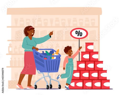 Mother Character And Her Young Son Excitedly Browse For Discounted Items In Bustling Supermarket, Vector Illustration