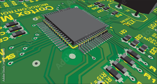 Vector pcb layout with microcontroller.  
Printed circuit board of an electronic 
device with
conductors, contact pads and seats placed on it. 
Engineering drawing.