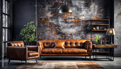 Living room in industrial style with leather ,home interior,