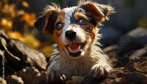 Cute puppy sitting in grass, looking at camera with happiness generated by AI