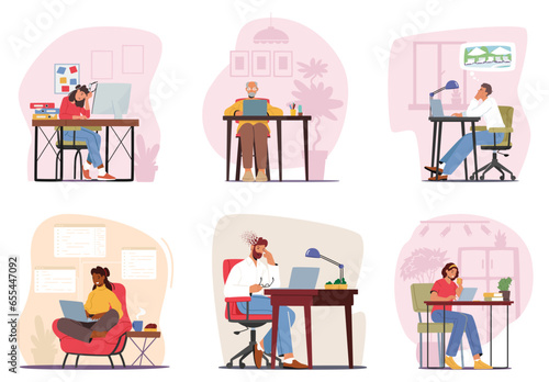 Characters With Laptops And Desktop Computers, Engrossed In Work Or Leisure Activities, Diverse People Productivity