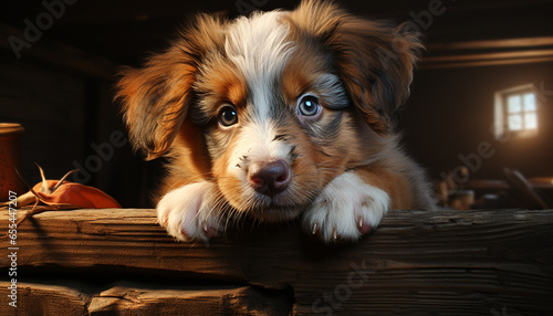 Cute puppy sitting on wood, looking at camera, fluffy fur generated by AI