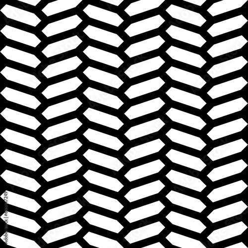 Herringbone motif. Seamless surface pattern design with white hexagons tessellation ornament. Mosaic parquet wallpaper. Black zigzag weaving lines. Jagged strokes. Digital paper, page fills. Vector.
