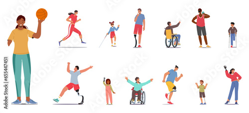 Set Of Characters With Disabilities Possess Strengths And Abilities, Facing Challenges With Resilience. Amputee People
