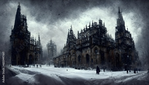 Lamordia domain of snow and stitches weathered abbey gothic architecture gothic urban dark fantays city dark experiments amoral science bizarre constructs mutagenic radiation  photo