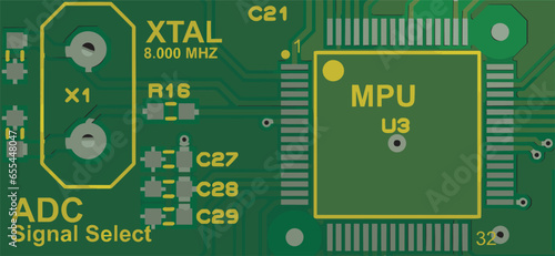 Vector pcb layout with microcontroller. 
 Printed circuit board of an electronic 
device with
conductors, contact pads and seats placed on it. Engineering drawing. Electric background.