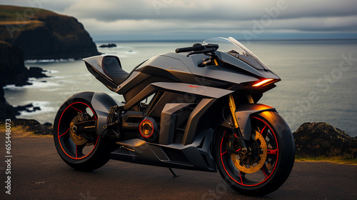 Futuristic motorcycle on the beach