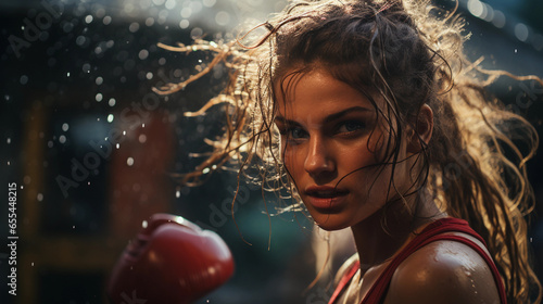 Female boxer fighter in action in the ring