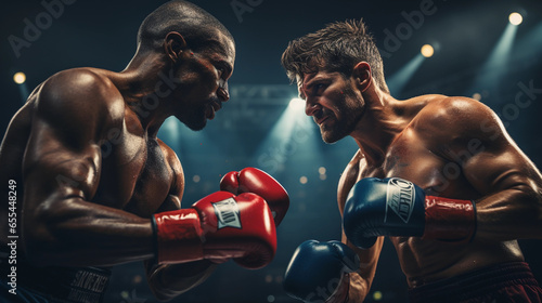 Two strong boxers in action in the ring © vladzelinski