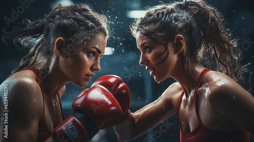 Two female boxers in the ring in boxing gloves face to face © vladzelinski