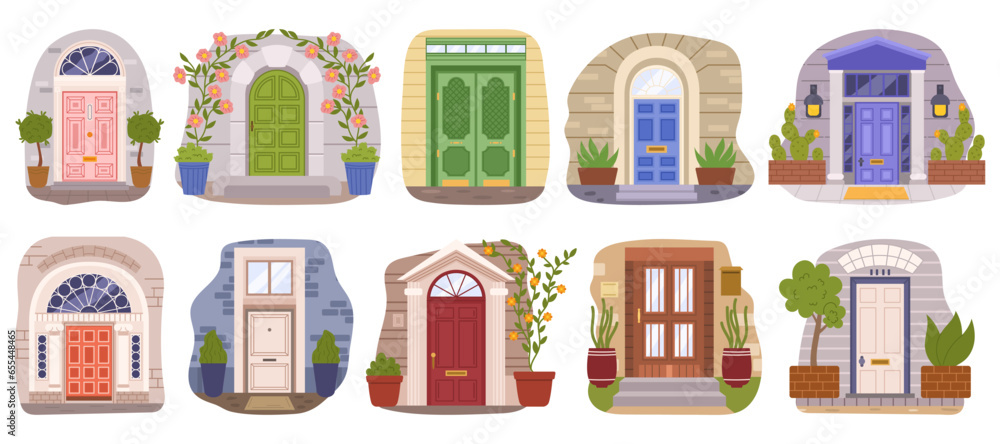 Set Vintage House Doors Exude Timeless Charm, Each One A Portal To History. Cottage Front Doorways Vector Illustration - obrazy, fototapety, plakaty 