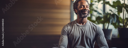 Relaxed man practicing lotus pose in yoga, meditating and smiling photo