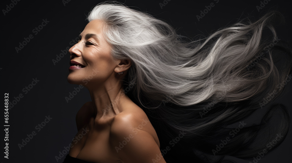 Portrait of senior mature middle aged lady with long gray natural coloring vibrant silky hair. Portrait of senior mature middle aged lady with long gray natural coloring vibrant silky hair.