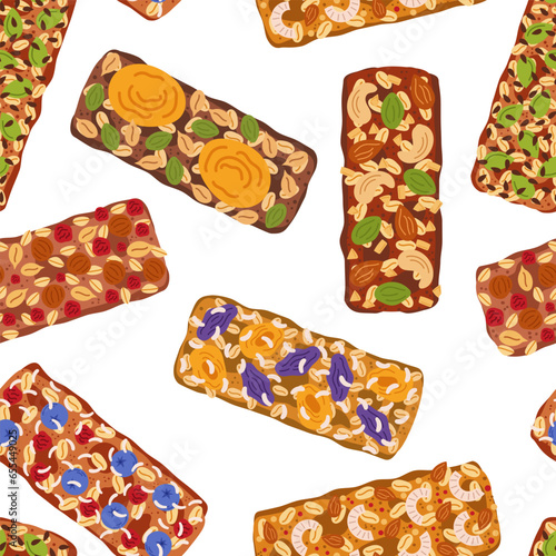 Seamless Pattern With Colorful, Appetizing, Wholesome Granola Bars, Arranged In A Delightful And Balanced Composition