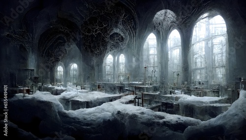 Lamordia domain of snow and stitches laboratory interior gothic architecture dark experiments amoral science bizzare constructs mutagenic radiation 