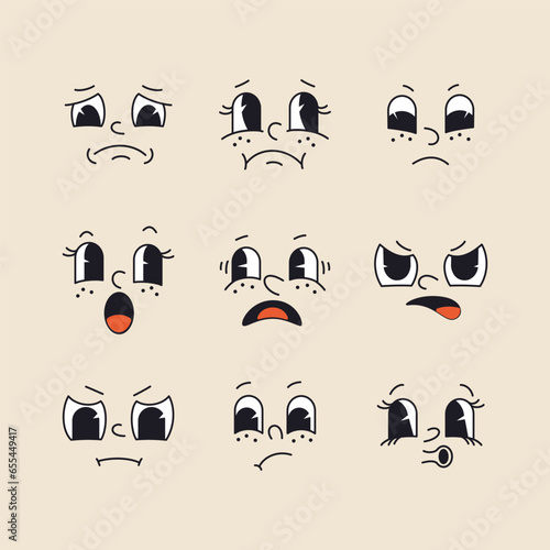 Retro cartoon and comics characters faces. Traditional emotions vector elements. Vintage characters creator for trending illustration. Angry, upset, negative emotions.