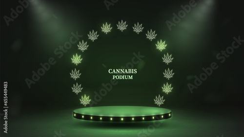 3d podium with neon cannabis leaves on a green background.