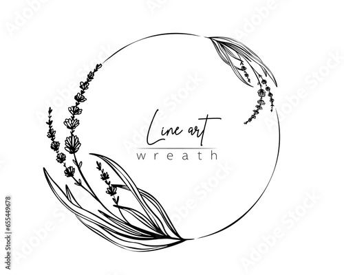 Botanical line illustration of lavender flower branch wreath for wedding invitation and cards, logo design, web, social media and posters template. Elegant minimal styl efloral vector isolated.	