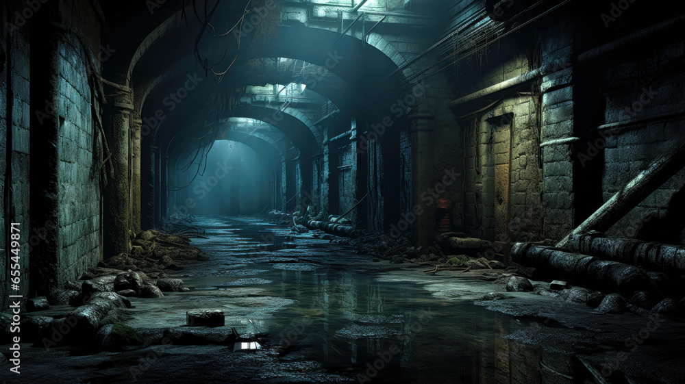 Old urban underground tunnel, abandoned dark scary passage like sewer - obrazy, fototapety, plakaty 