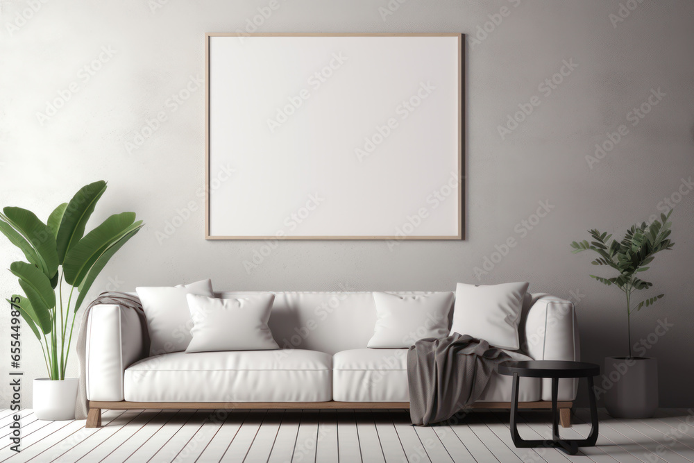 Frame mockup picture in home interior, white couch against white wall Frame mockup picture in home interior, white couch against white wall