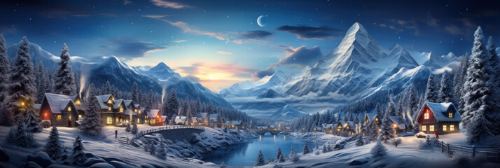 Panoramic view of village in winter, mountain landscape on Christmas, concept of night, light, resort.