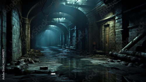 Fotografia Old urban underground tunnel, abandoned dark scary passage like sewer